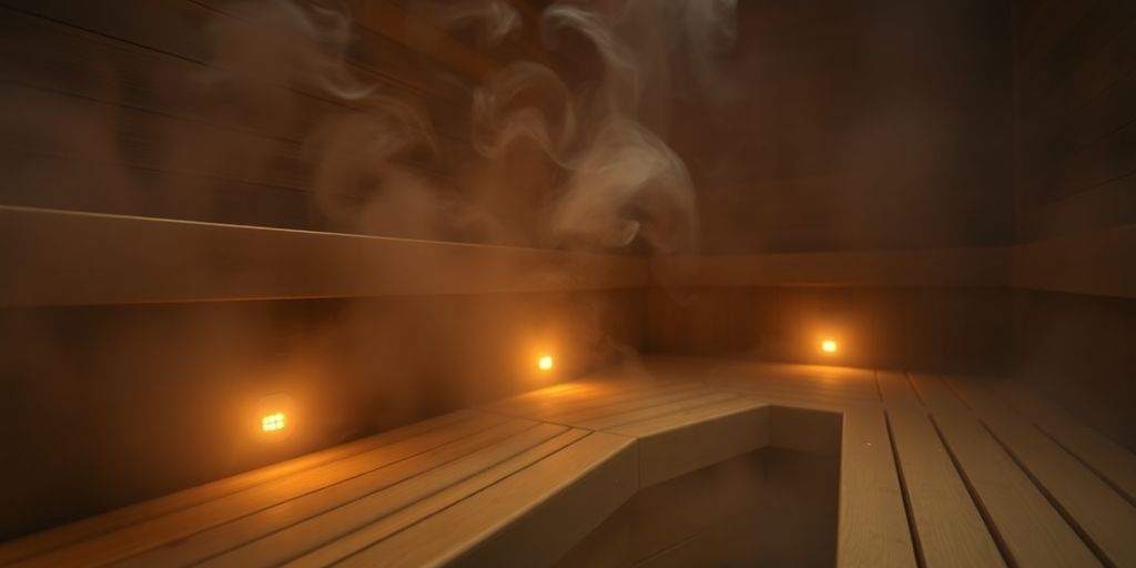 Steamy sauna interior with warm light