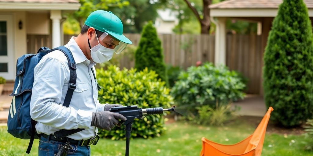 Tehnician de deratizare inspectând o zonă rezidențială.