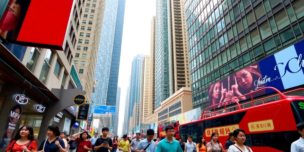 Bustling Hong Kong street, vibrant, diverse crowd