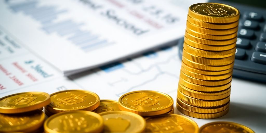 Photo de pièces d'or avec un document financier flou en arrière-plan.