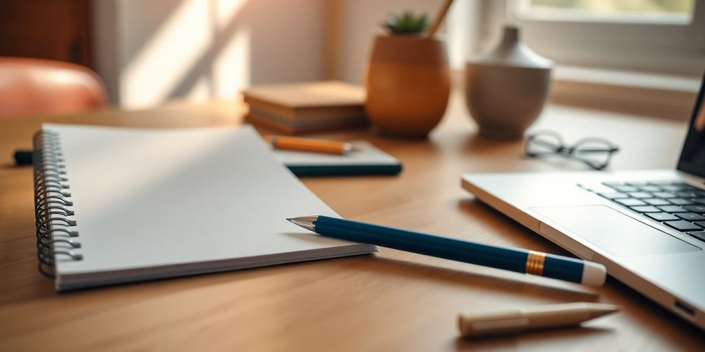 Organized workspace with notebook, pen, and laptop.