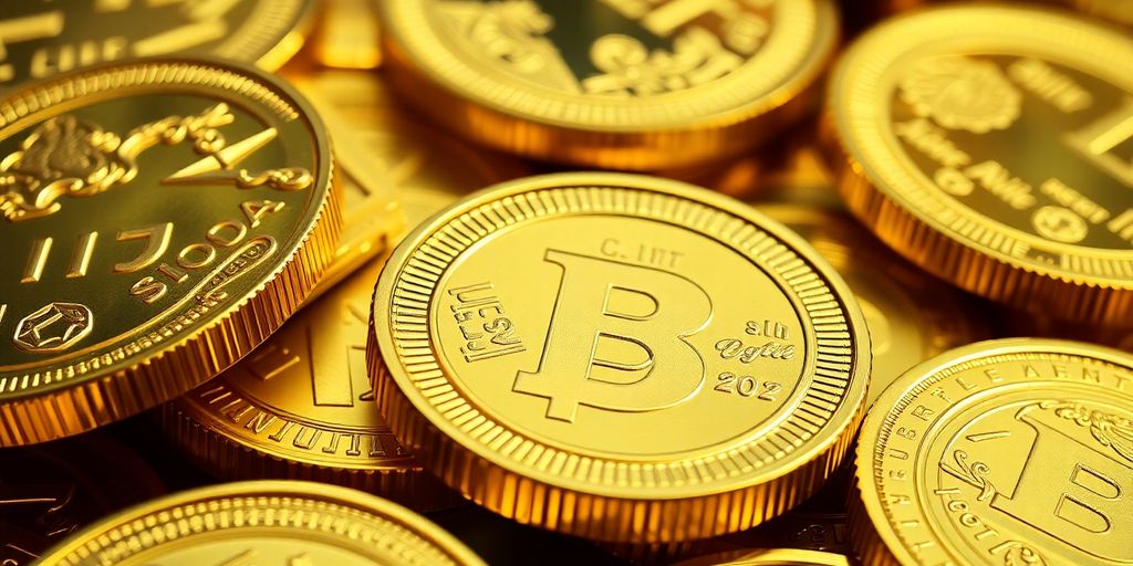 Pièces d'or brillantes empilées avec des designs complexes.