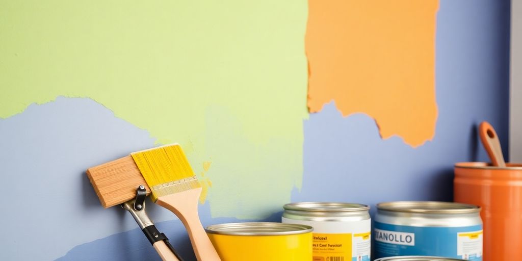 Colorful interior walls with paintbrushes and cans.