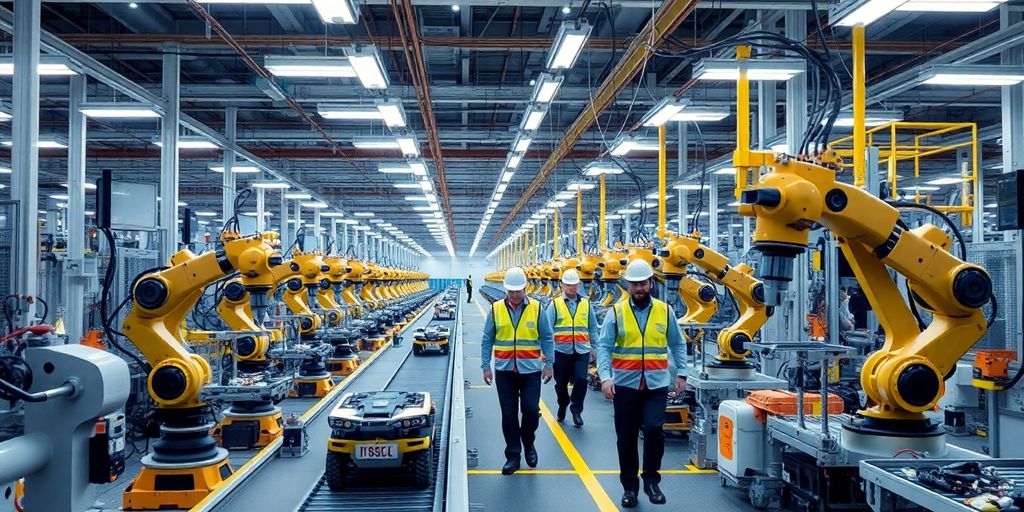 Robotic arms assemble items on conveyor belt in smart factory