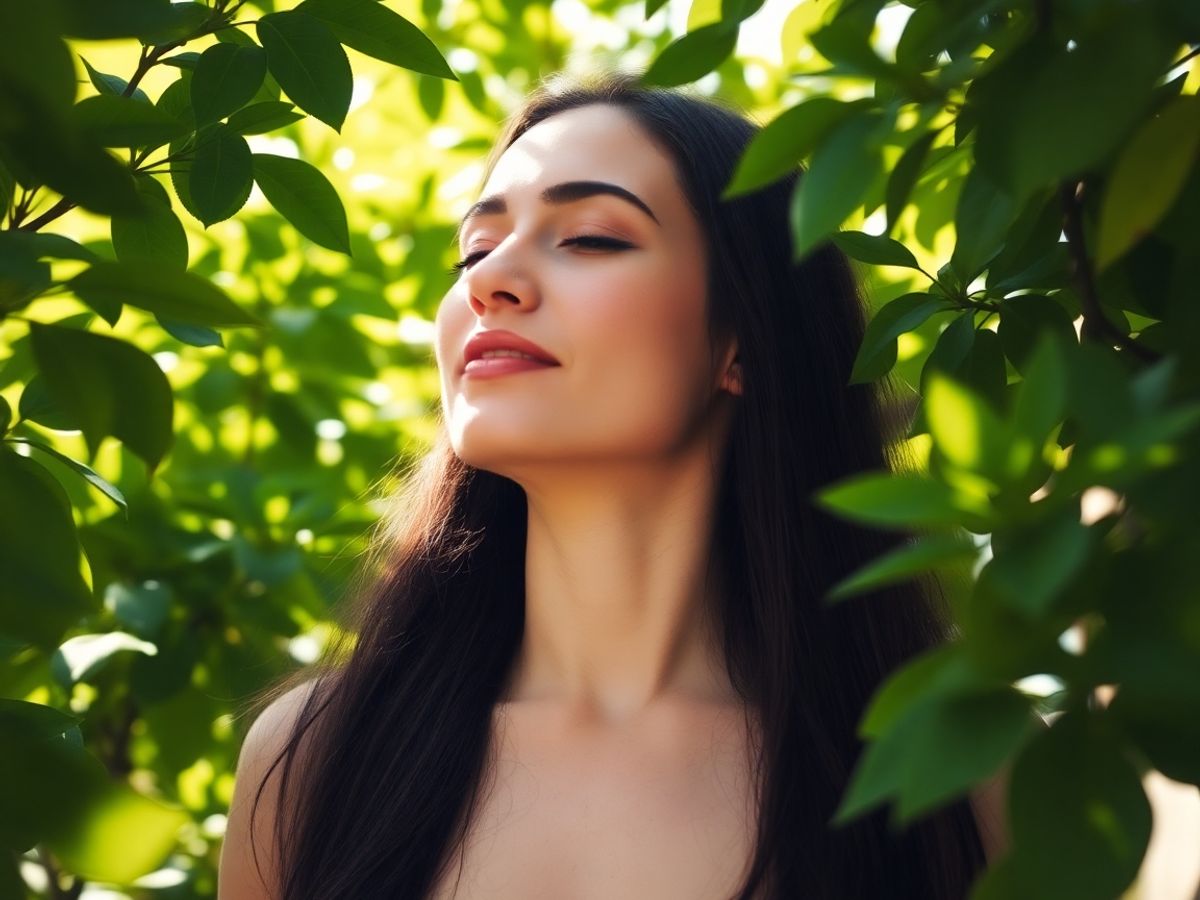 Femeie calmă respirând profund în natură.