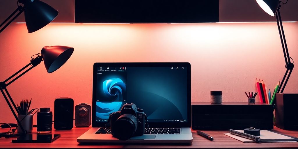 Professional workspace with camera and laptop for Fiverr gigs.