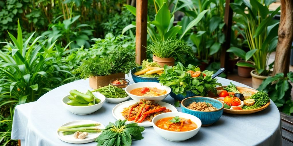 Colorful Thai dishes on a rustic outdoor dining table.