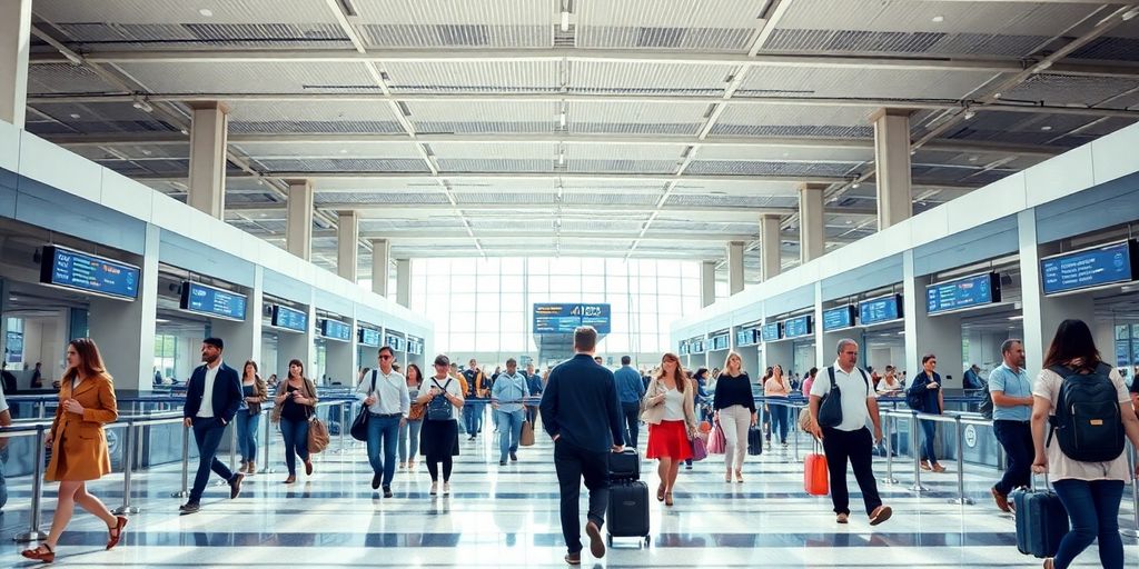 Airport interior, people walking, subtle blur.