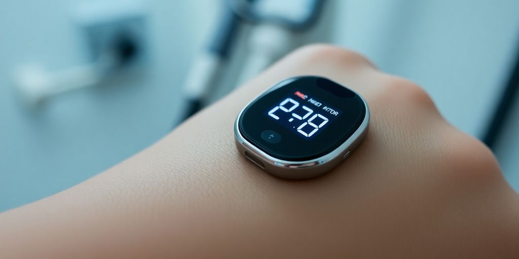 Implanted blood sugar monitor in a medical setting.