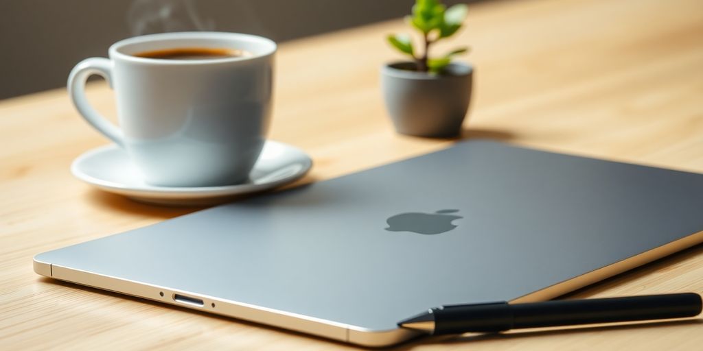 Tablette iPad, stylet, café et plante verte.
