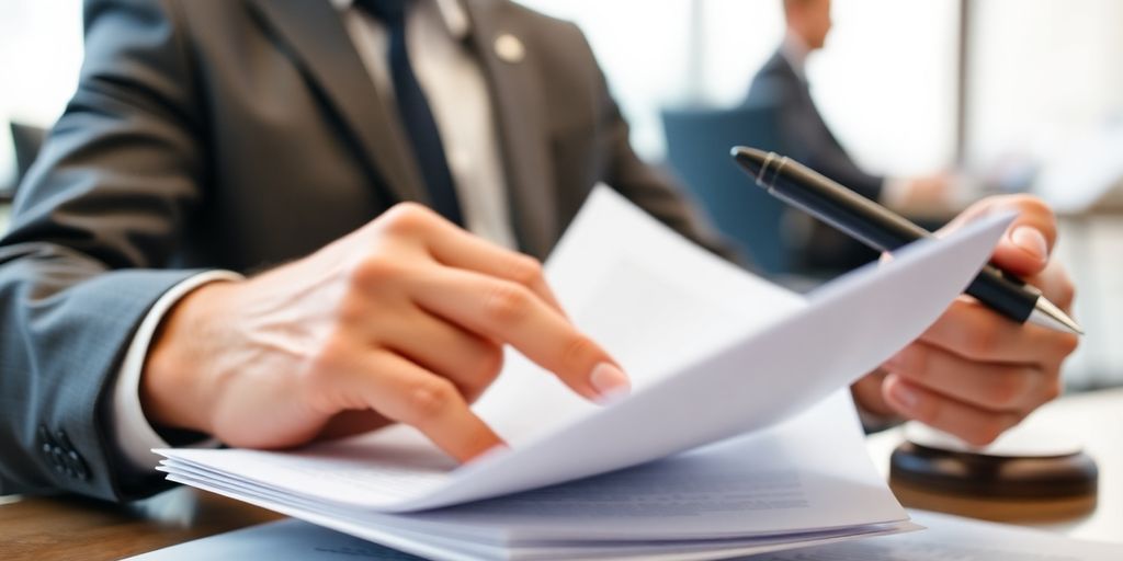 Person holding important documents in a professional setting.