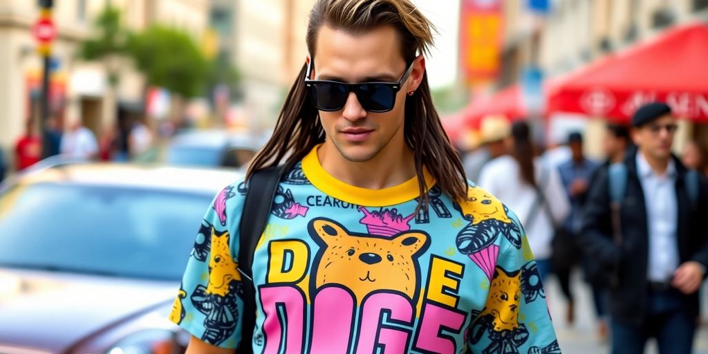 Model in bold Doge shirt against urban backdrop.