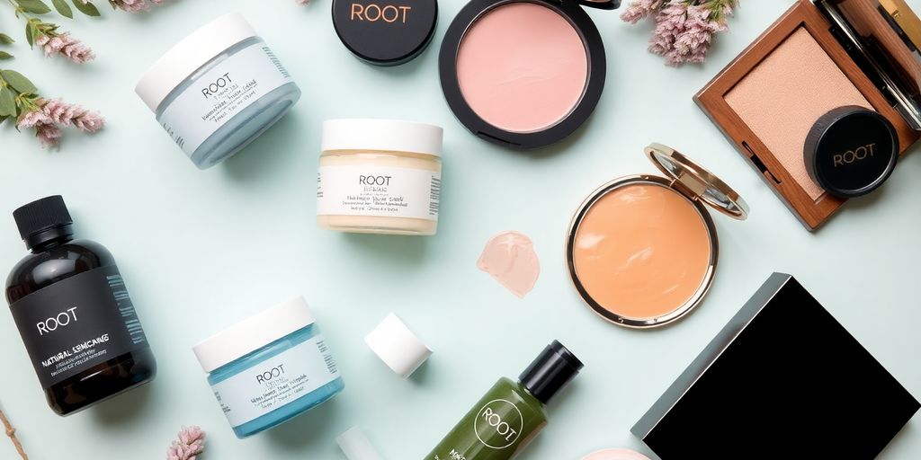 Root brand natural beauty products arranged on a surface