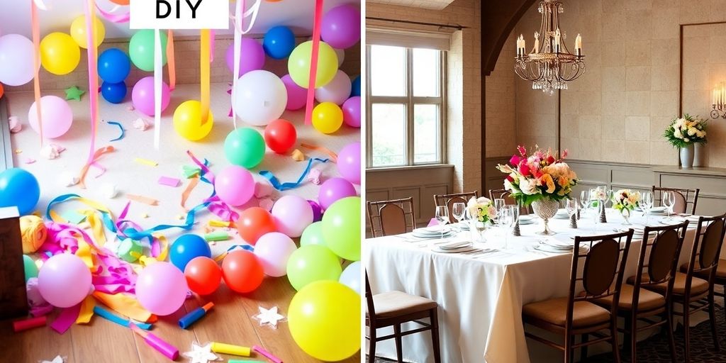 DIY party supplies contrasted with elegant venue decor.