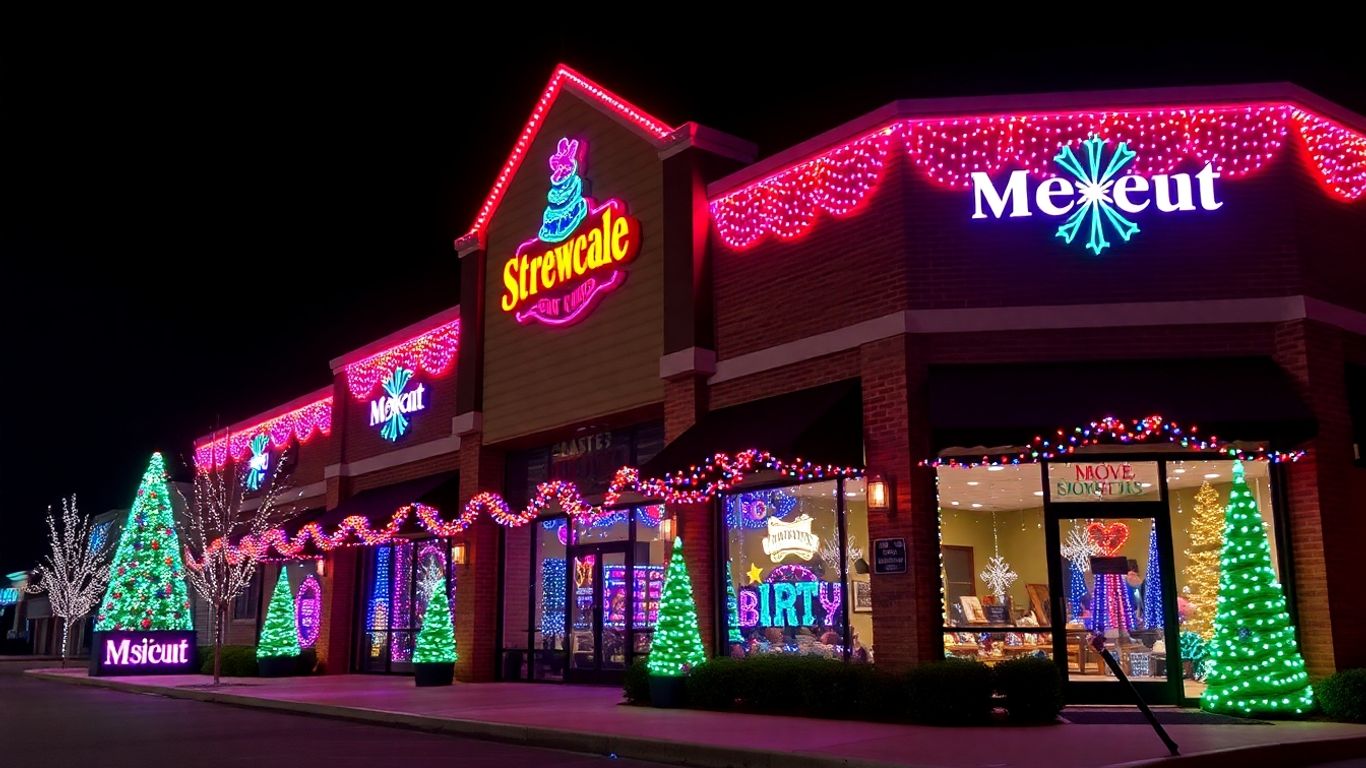 Creve Coeur building decorated with bright Christmas lights.