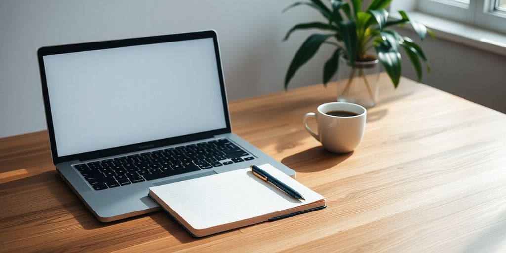 A calm workspace with a laptop and coffee.