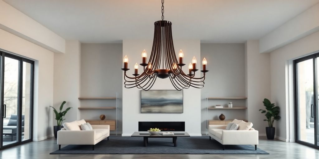 Sleek black modern chandelier illuminates contemporary living space.