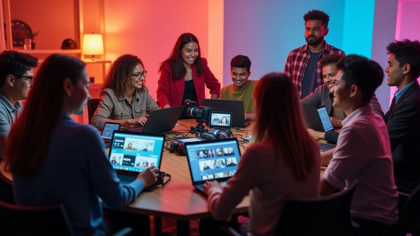 Diverse creators collaborating on video content with technology.