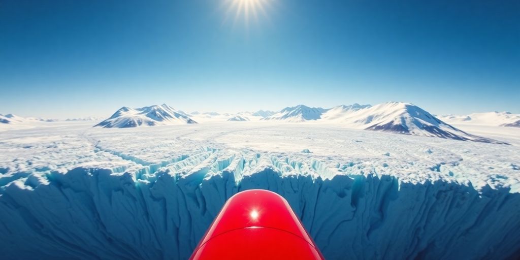 A red helicopter flies above a vast Alaskan glacier.