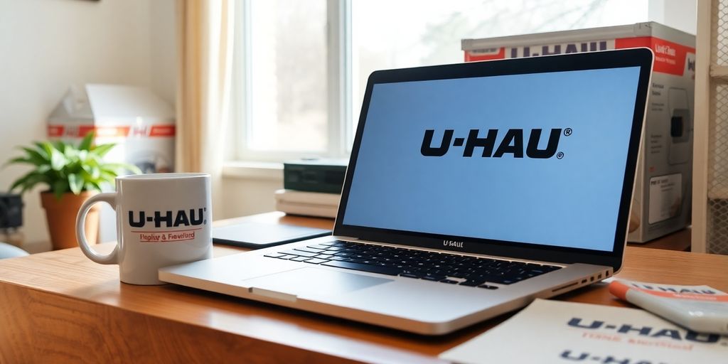 Home workspace with U-Haul branding and laptop.