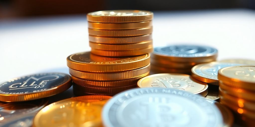 Shiny gold and silver coins neatly arranged.