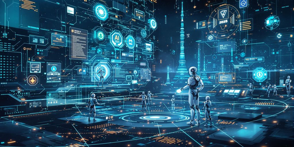 Futuristische KI-Technologie mit menschlichen und robotischen Elementen.