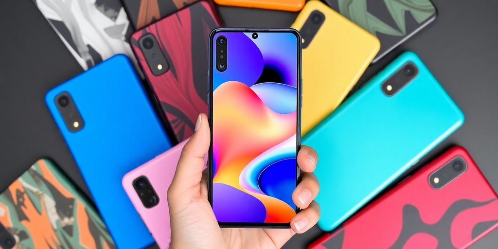Galaxy A14 phone with colourful protective covers.