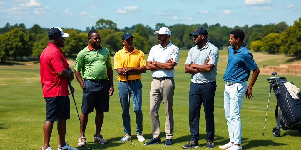 Black golfers mentoring on the course, showcasing unity.