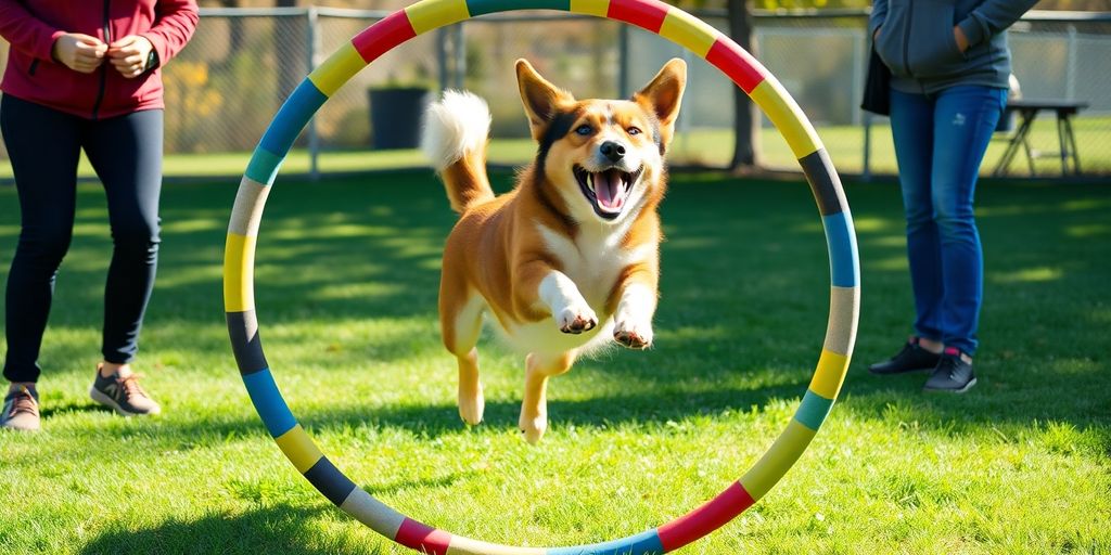 Dog jumping through a hoop in an outdoor training session.