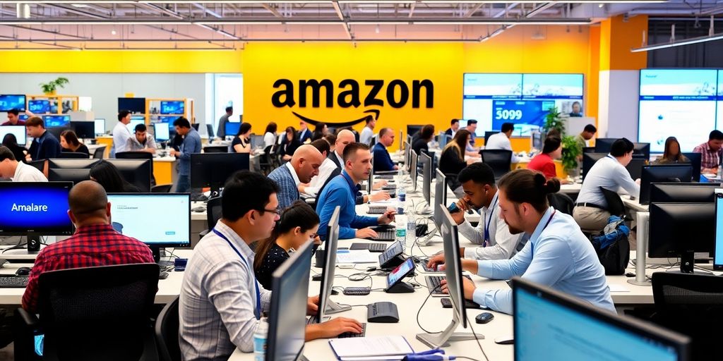Amazon employees collaborating in a modern workspace.
