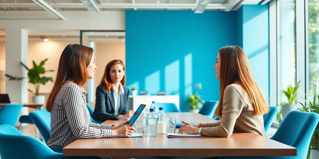 Professionelle Büroatmosphäre mit nachhaltigen Elementen.