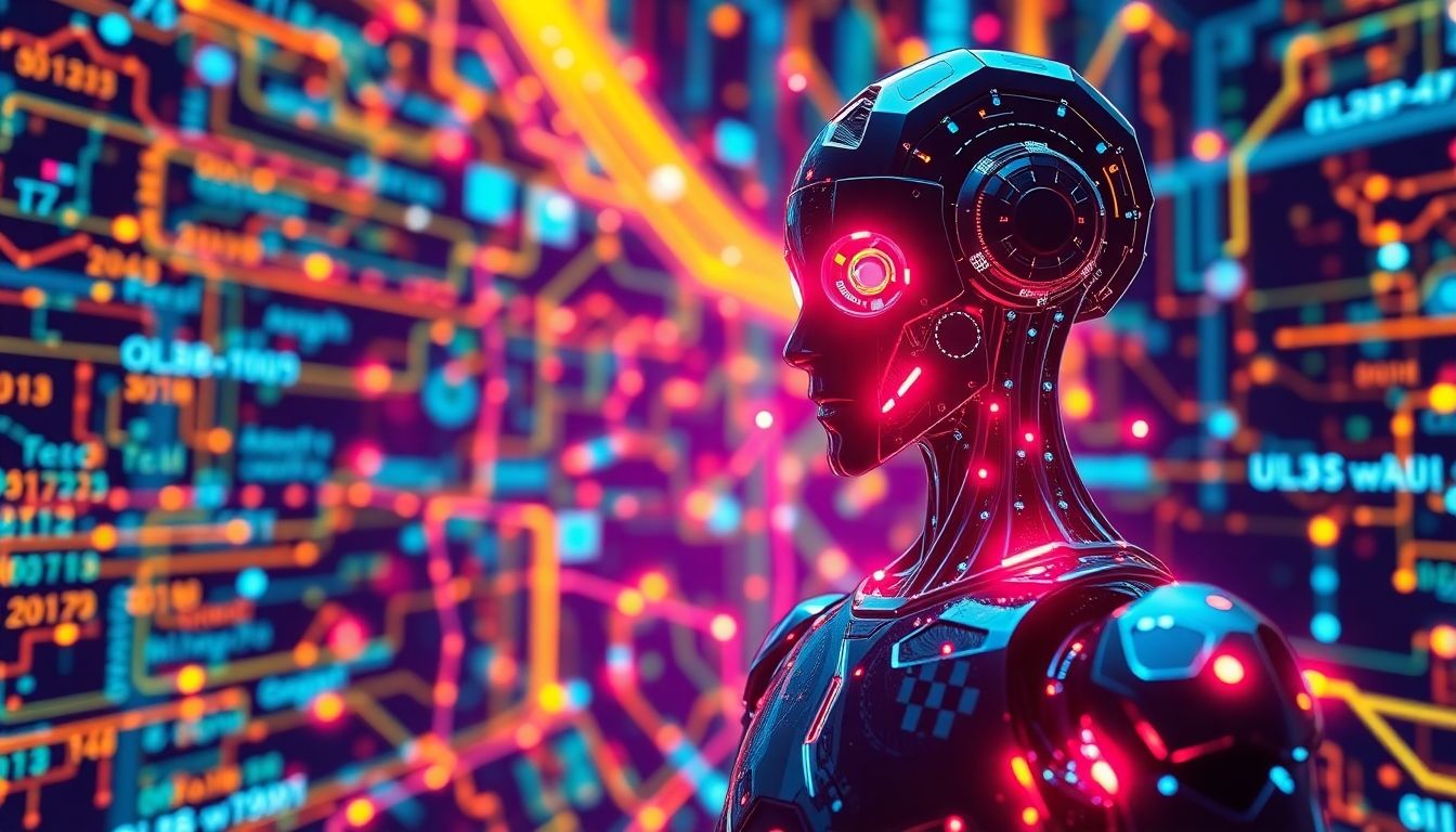 AI robot creating algorithms with vibrant digital patterns.