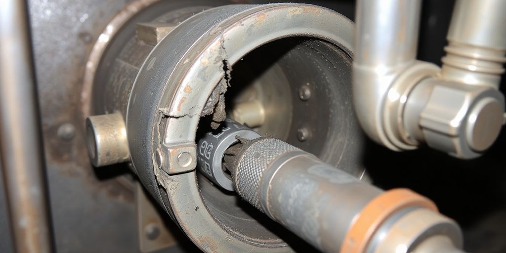 Close-up of a cracked heat exchanger in a furnace.