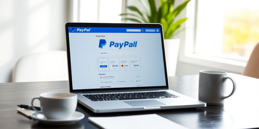 Modern workspace with laptop showing PayPal interface.
