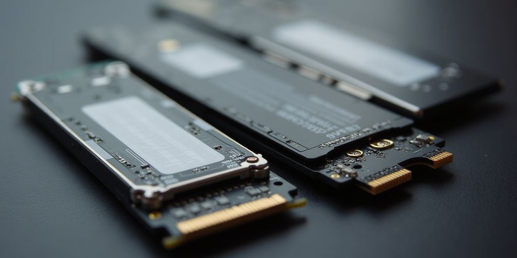 Nahaufnahme von SATA und NVMe SSDs.