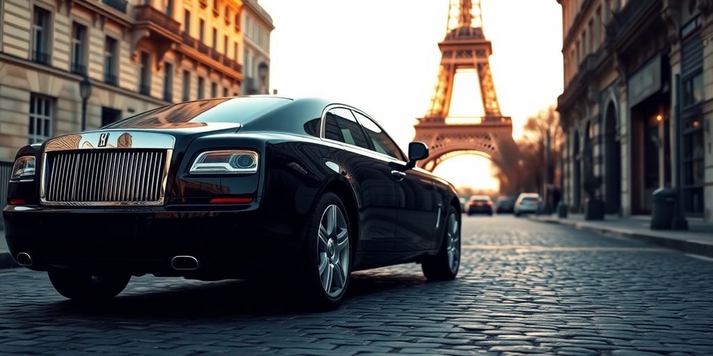 Voiture de luxe garée devant un monument parisien.