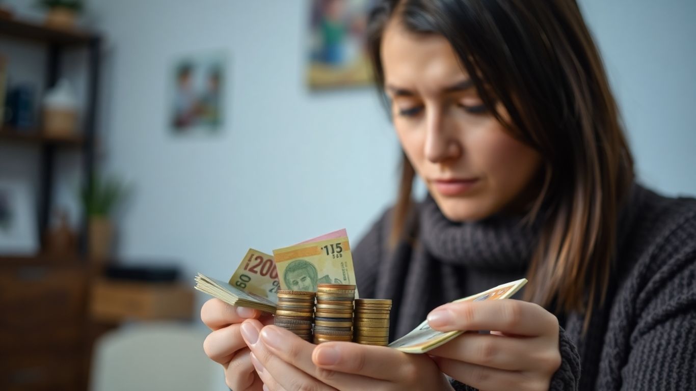 Persoană română analizând bani și monede acasă.
