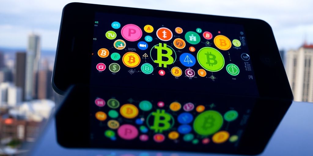 A digital device with colorful cryptocurrency icons displayed.