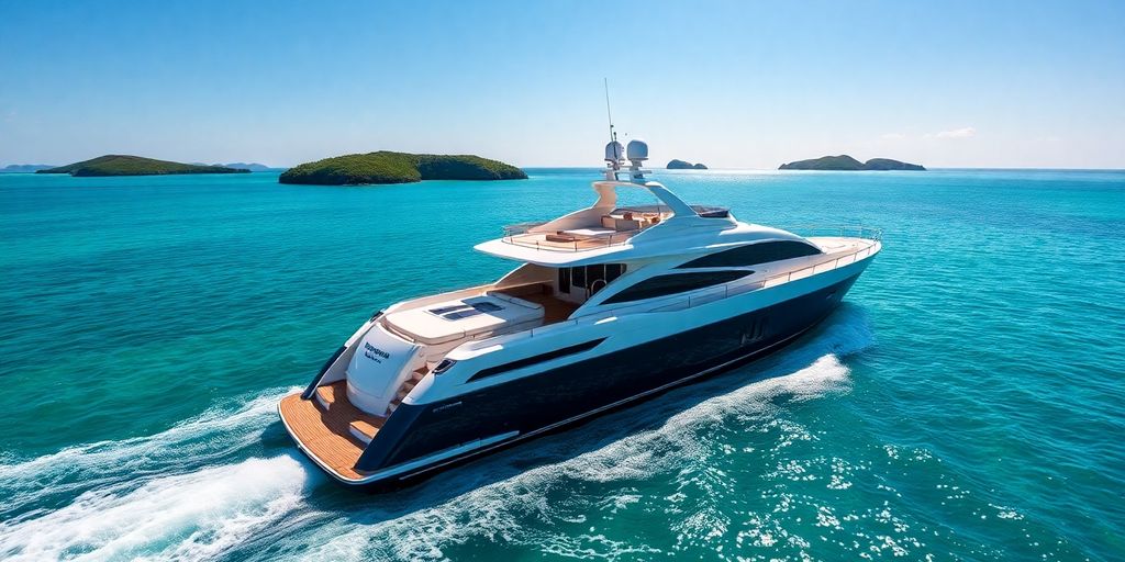 Luxury yacht sailing on clear blue ocean water.