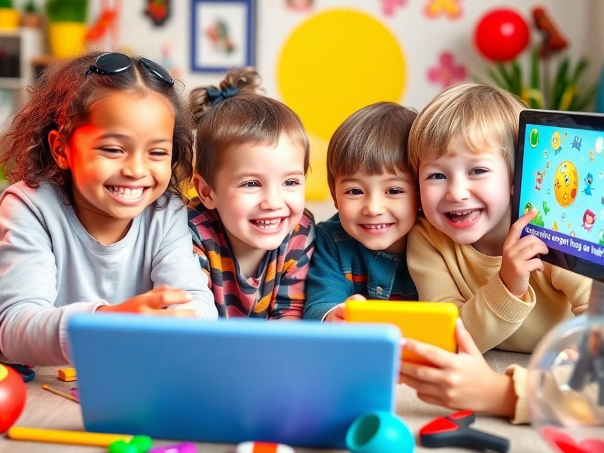 Copii jucându-se jocuri educaționale online cu bucurie.