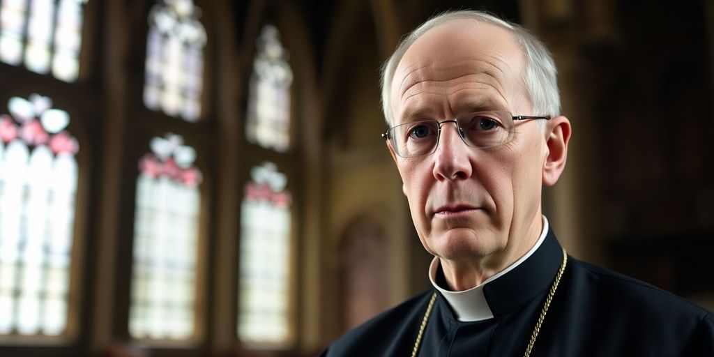 Portrait of Justin Welby with a blurred church interior.