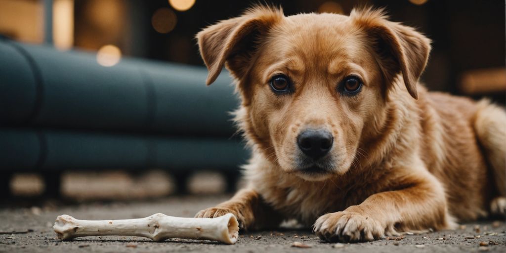 Dog staring at chicken bone with danger warning