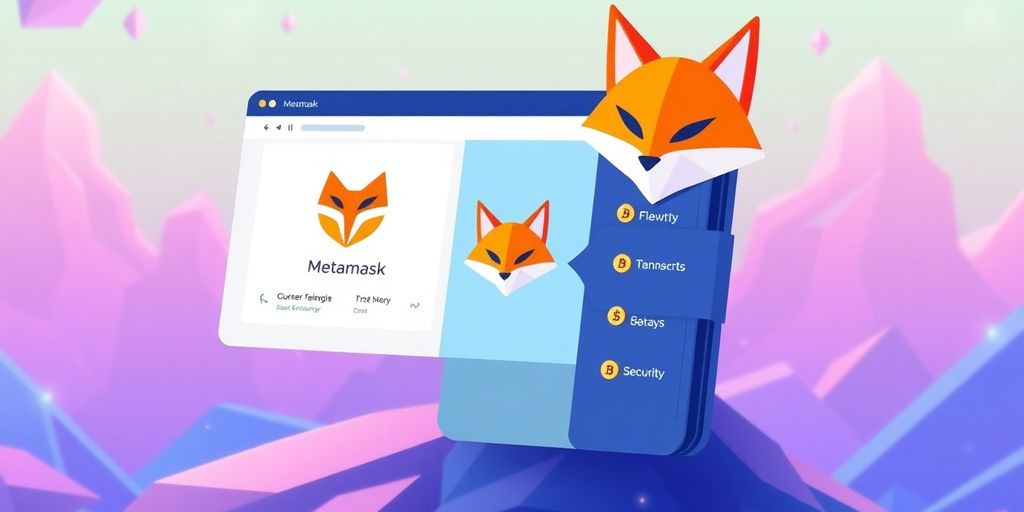 Metamask wallet interface with fox logo and vibrant colors.