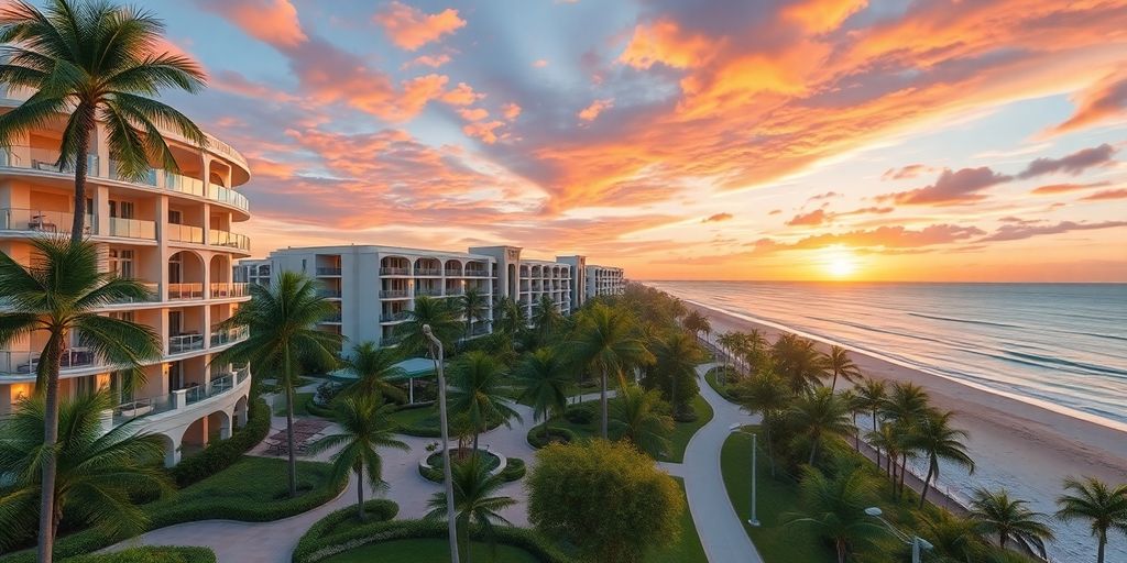 Luxurious Boca Raton condos with palm trees and sunset.