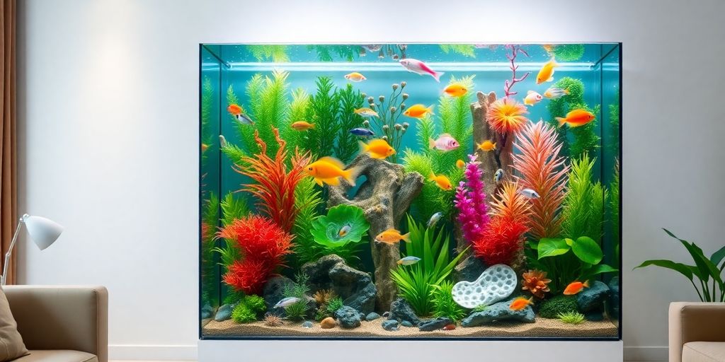 色彩斑斓的鱼在精美设计的水族箱中游动。