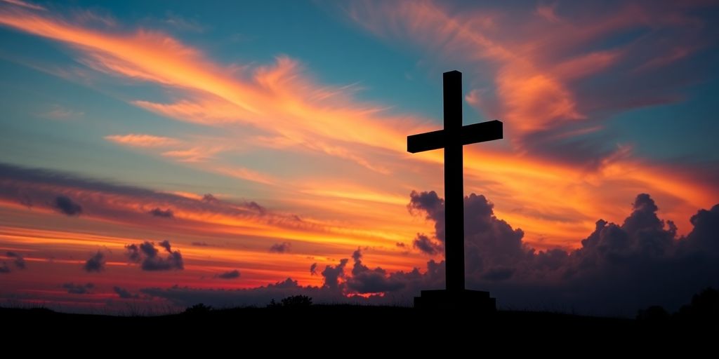Silhouette of a cross against a sunset sky.