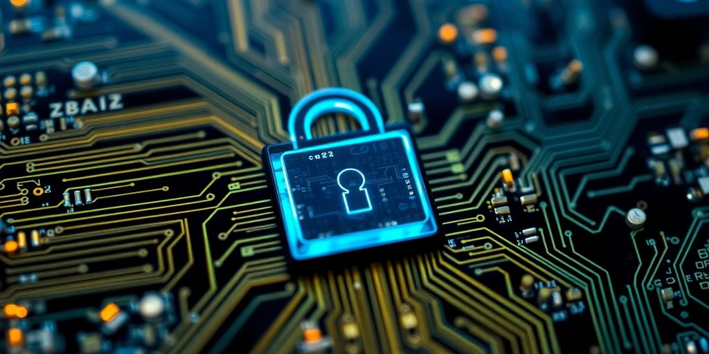 Detailed computer circuit board with a digital lock overlay.