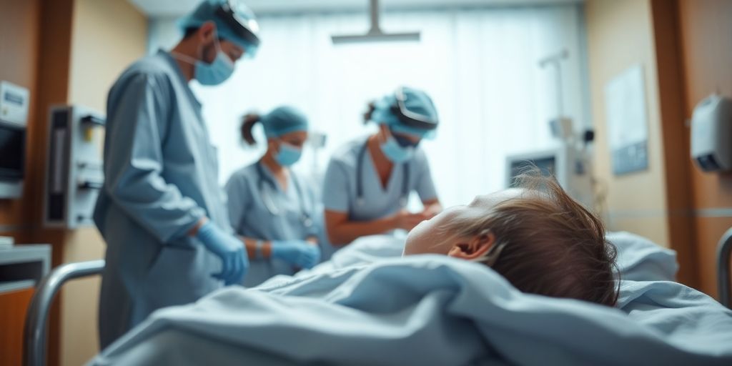 Paciente em recuperação com equipe médica ao redor.