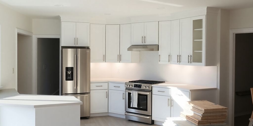 Renovated house interior with modern kitchen.