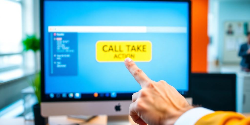 Person pointing at a clear call-to-action button.